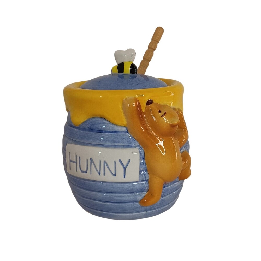 Disney Treasure Craft Ceramic Classic Pooh Bear Hunny Jar With Honey Dipper VTG